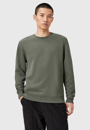 Olive green sweatshirt with a crew neck, ribbed cuffs, and hem. Features a small, subtle logo on the chest, made from soft fabric.
