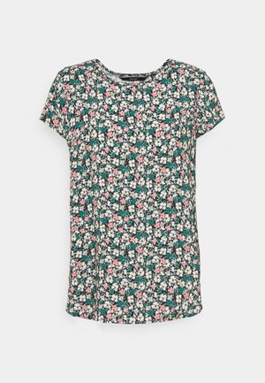 Blumige Bluse mit kurzen Ärmeln und rundem Halsausschnitt. Hat einen dunklen Hintergrund mit weißen, rosa und türkisfarbenen Blumen. Leichter Stoff.