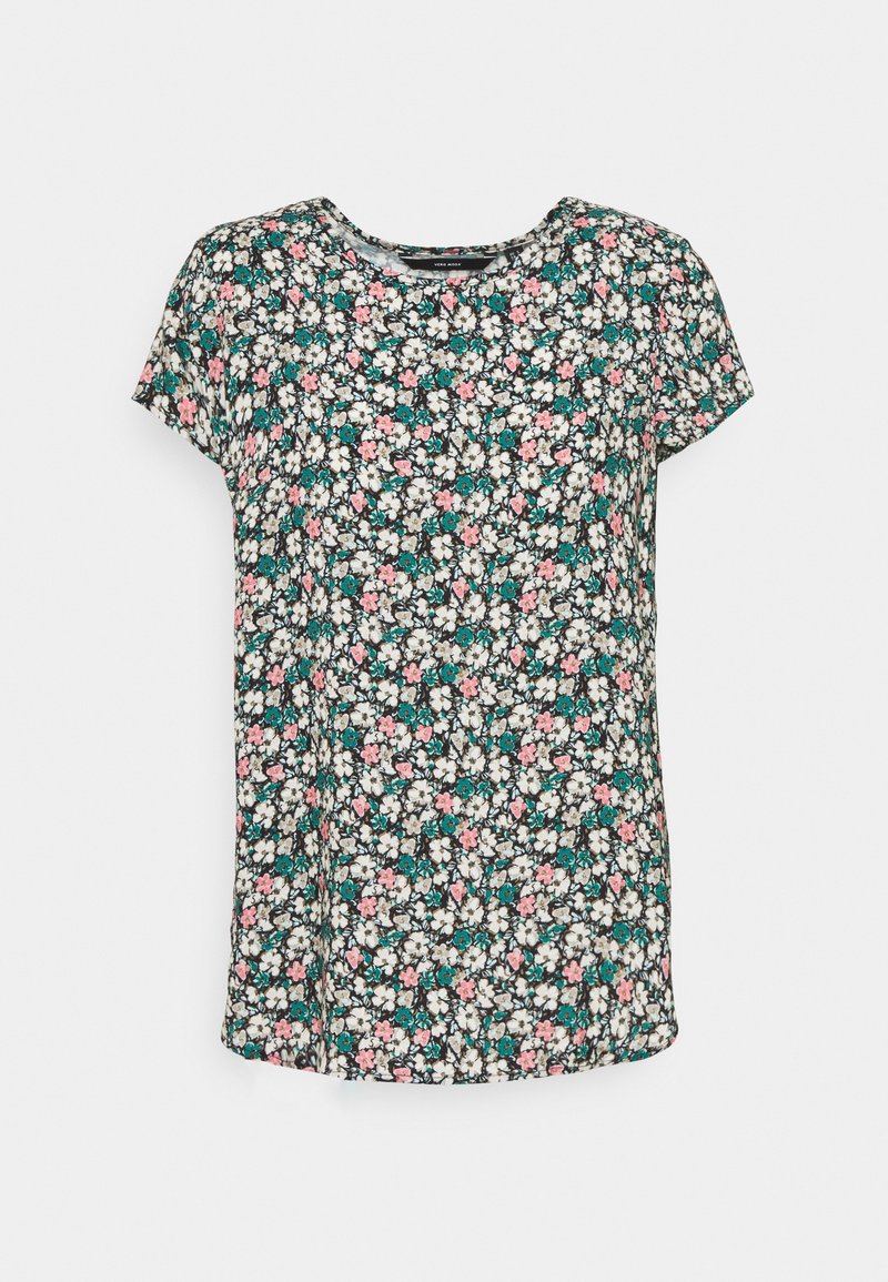 Blusa de manga corta con estampado floral y cuello redondo. Presenta un fondo oscuro con flores blancas, rosas y turquesas. Tejido ligero.