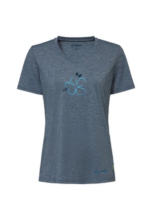 Blauwgrijs T-shirt met korte mouwen en V-hals, met een eenvoudig blauw bloemmotief in het midden van de borst en een klein Vaude-logo vlak bij de zoom.