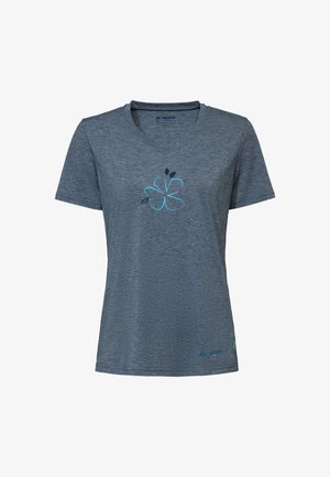 Blauwgrijs T-shirt met korte mouwen en V-hals, met een eenvoudig blauw bloemmotief in het midden van de borst en een klein Vaude-logo vlak bij de zoom.