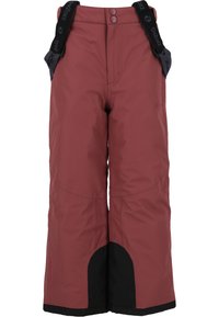 Pantalons de neige imperméables en maron foncé avec des bretelles noires ajustables, une taille sécurisée et des bords inférieurs renforcés en noir.