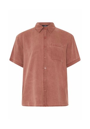 Rust-colored short-sleeve button-up shirt with pointed collar and chest pocket, made of soft, textured fabric.