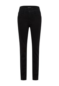 Black jeans featuring a fitted design with a smooth texture, a button closure, and front pockets. Suitable for casual or semi-formal wear.