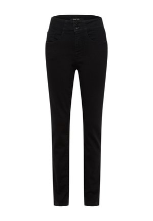 Schwarze Jeans mit einer figurbetonten Passform, einer glatten Textur, einem Knopfverschluss und Fronttaschen. Geeignet für legere oder semi-formelle Anlässe.