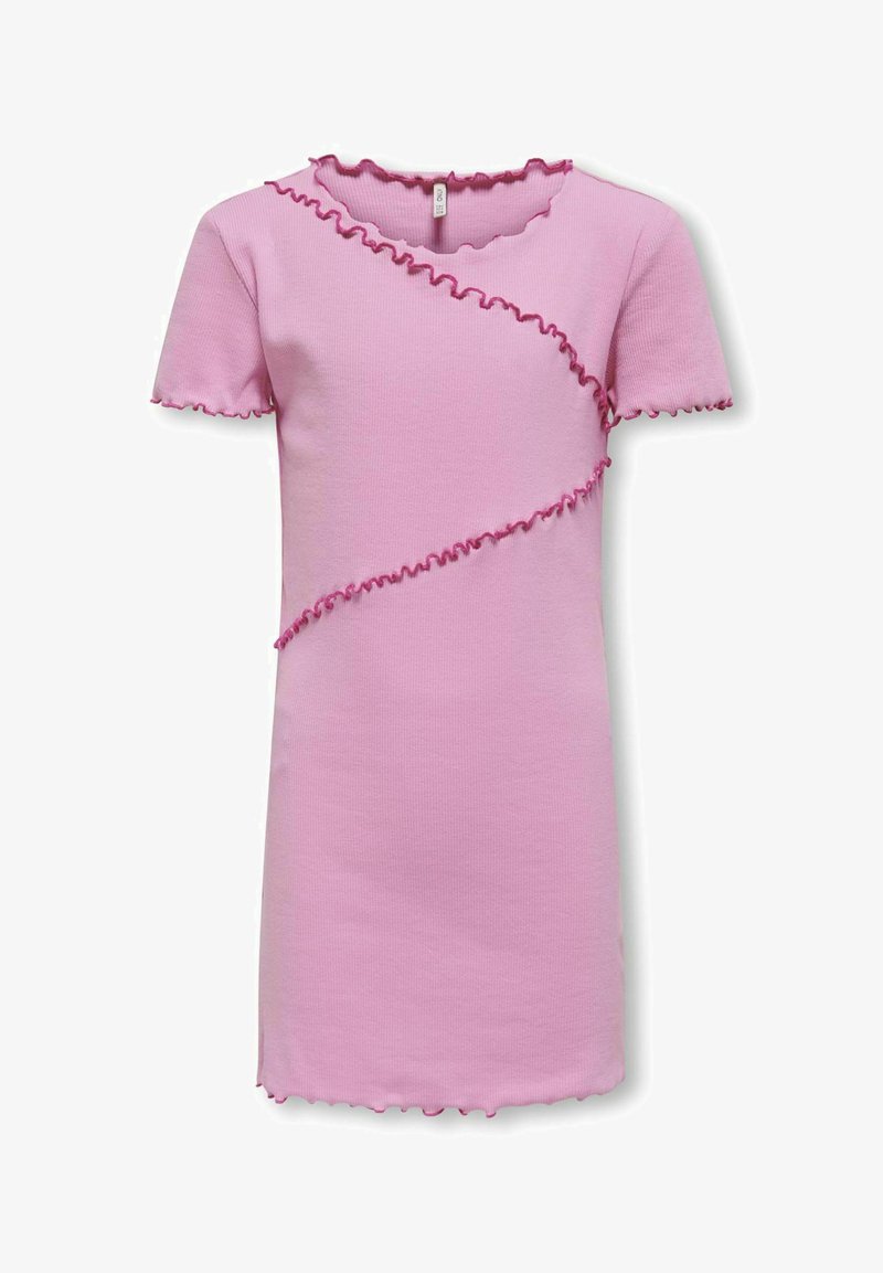 Rosa Kurzarmkleid aus Rippstoff, mit einem welligen Rüschendetail entlang des Ausschnitts und der Seite, gerade geschnitten mit einem geraden Saum.