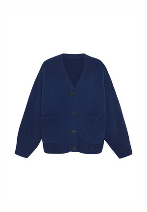 Navy blue knitted cardigan with a V-neck, five buttons, and two front pockets. Features wide sleeves and ribbed cuffs and hem.