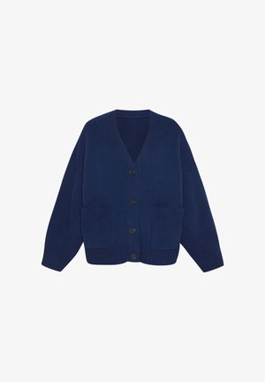 Navy blue knitted cardigan with a V-neck, five buttons, and two front pockets. Features wide sleeves and ribbed cuffs and hem.