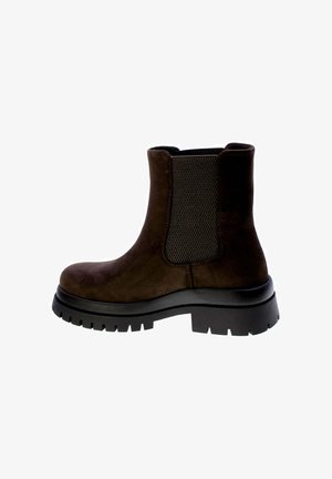 Stivale alla caviglia in suede marrone con pannelli elasticizzati, suola nera spessa e punta leggermente arrotondata. Materiale testurizzato e design a profilo basso.