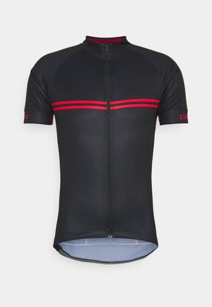 Black cycling jersey with a front zipper, featuring red horizontal stripes across the chest and arm cuffs. Made from breathable material.