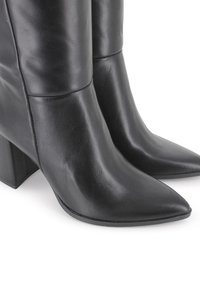 Botas de tobillo de cuero negro con puntera puntiaguda y tacón grueso. Textura suave con un sutil detalle de costura a lo largo del eje.