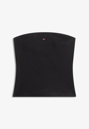 Mustast soonikko strapless lühike top, millel on väike punase, valge ja sinise ristkülikukujuline logo ülaääre lähedal keskel.