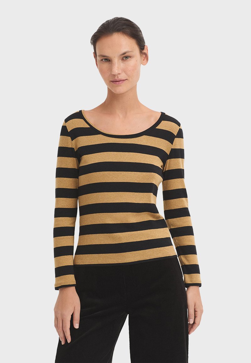 Striped long-sleeve top in black and golden yellow, featuring a wide round neckline and a fitted silhouette. Smooth, textured fabric.