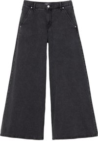 Pantalones de mezclilla negros de pierna ancha con cintura alta, dos bolsillos frontales, cierre de botón metálico y un acabado desgastado.
