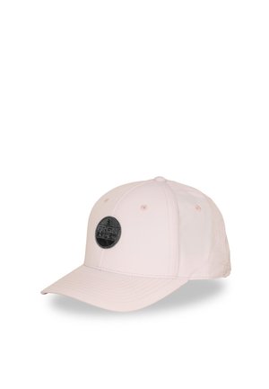 Casquette de baseball rose clair avec une visière courbée et un écusson rond noir avec logo sur le panneau avant.