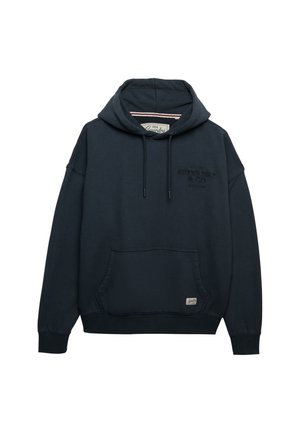 Marineblauer Kapuzenpullover mit vorderer Kängurutasche, Kordelzugkapuze, gerippten Bündchen und dezentem, auf der Brust gesticktem Logo.