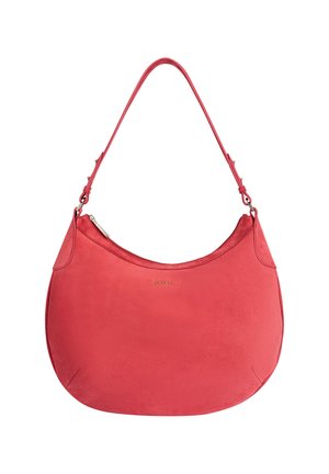 Red suede shoulder bag with a curved shape, smooth texture, and a thin shoulder strap. Features a subtle logo detail in gold.