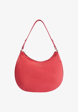 Red suede shoulder bag with a curved shape, smooth texture, and a thin shoulder strap. Features a subtle logo detail in gold.