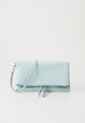 Light blue, textured faux leather wallet with a zip closure, detachable strap, and two decorative zip pulls on the front.