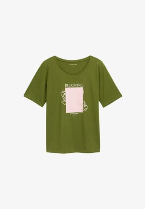 Green short-sleeve t-shirt with scoop neck. Features a pink graphic rectangle with the text "BLOOMING" and floral outlines.