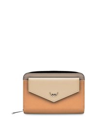 Textured wallet featuring a tan body with a light beige flap, adorned with a silver logo. Zippered closure with contrasting black interior.