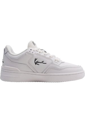 White athletic sneakers with synthetic leather upper, round toe, perforated accents, padded collar, and signature logo on the side.