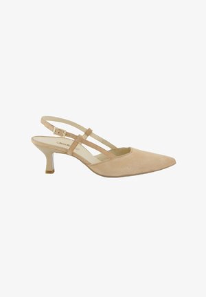 Beige semišové sandály s úzkým špičatým noskem, které mají dva zkřížené pásky a středně vysoký, zúžený podpatek. Hladká vnitřní podšívka.