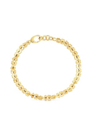 Bracciale d'oro con doppia catena delicata caratterizzata da piccoli anelli a forma di quadrifoglio e chiusura a moschettone.
