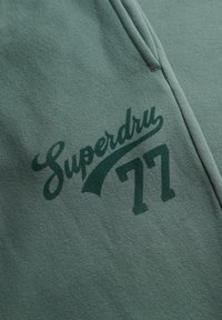 Groene sweatshirt met "Superdry 77" gedrukt in donkergroen. De stof is glad met een lichte textuur. Heeft een klassiek ronde hals ontwerp.
