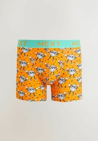Oranžové boxerské šortky s hravým vzorem globu, černými obrysy a světle modrým pasem s nápisem "NEXT" oranžovým písmem.