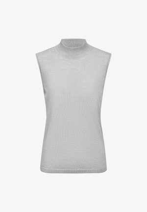 Top senza maniche in maglia grigio chiaro con collo alto a costine e silhouette aderente su sfondo bianco.