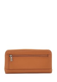 Tan leather wallet with a smooth texture, zippered closure, and an exterior zippered pocket. Features a minimalist rectangular design.