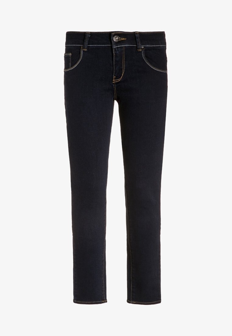 Jean slim bleu foncé avec poches avant, fermeture à boutons et coutures contrastantes visibles sur fond blanc.