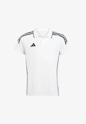 Hvid polo skjorte lavet af tekstureret stof med krave, prydet med sorte striber på skuldre og sider, samt et lille sort logo på brystet.