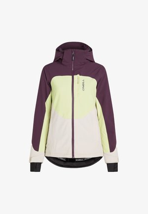 Colorful jacket featuring purple, light green, and cream panels, with a high collar, zip closure, and adjustable cuffs. Brand logo visible.