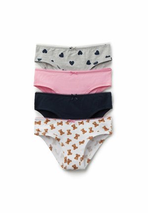 Cuatro pares de bragas para niñas apiladas, los colores y patrones incluyen gris con corazones negros, rosa sólido, azul marino sólido y blanco con ositos de peluche.