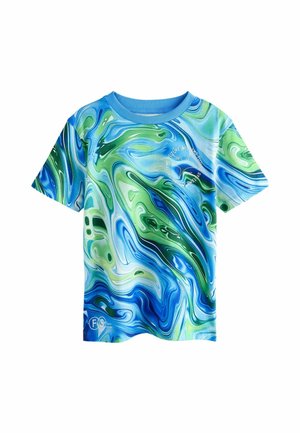 Kortærmet crewneck t-shirt i blå, grøn og hvid marmorering. Lavet af glat stof med logodetalje på den nedre front.