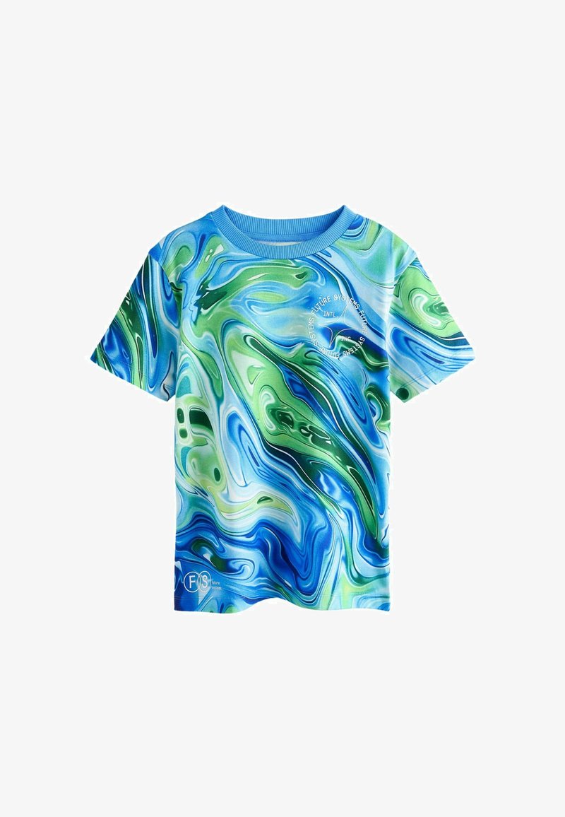 Kortærmet crewneck t-shirt i blå, grøn og hvid marmorering. Lavet af glat stof med logodetalje på den nedre front.