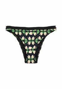 Zwarte bikini-broek met een bloemenpatroon van beige bloemen en groene bladeren. Gekruiste tailleband voegt textuur toe.