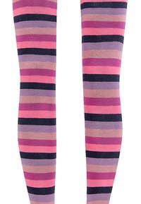 Kniestrümpfe mit Streifen in verschiedenen Pink-, Lila- und Marineblautönen. Weicher Strickstoff mit abwechselnden horizontalen Streifen.