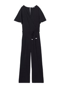 Schwarzer Jumpsuit mit Wickeldesign, kurzen Schmetterlingsärmeln, einer Kordelzugtaille und weitem Bein. Glattes Material mit einem dezenten Glanz.