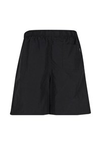 Svart shorts laget av lett materiale; har elastisk liv og en enkel sidelomme, med en glatt tekstur og enkelt design.
