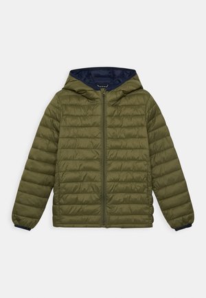 Chaqueta acolchada de color verde oliva con cremallera frontal, mangas largas, capucha y forro azul marino. Presenta textura acolchada y puños elásticos.