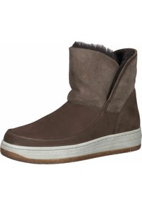 Braune Wildleder-Ankle Boots mit umschlagbarem Kragen, Gummisohle und einer strukturierten weißen Zwischensohle. Verfügt über einfache Nähte und keine sichtbaren Beschläge.