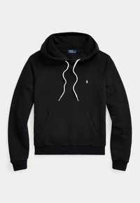 Černá mikina s kapucí a šňůrkou, s bílými akcenty, klokaní kapsou, žebrovanými manžetami a lemováním, s malým logem na levém hrudi.