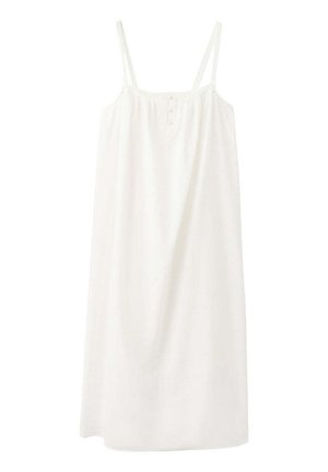 White sleeveless dress with thin straps, a straight neckline, and three buttons on the chest, loose-fitting with a soft fabric texture.