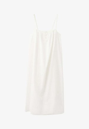 White sleeveless dress with thin straps, a straight neckline, and three buttons on the chest, loose-fitting with a soft fabric texture.