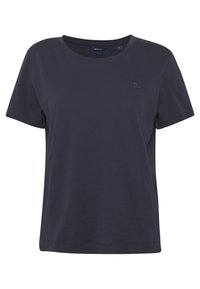 Navy blue cotton t-shirt with a crew neckline, short sleeves, and a small embossed logo on the chest. Soft, smooth texture, casual fit.