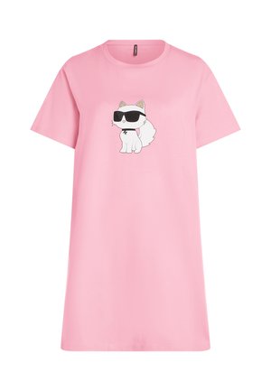 Rosa Baumwoll-T-Shirt-Kleid mit einer cartoonhaften weißen Katze mit schwarzen Sonnenbrillen, kurzer Ärmel und lockerer Passform.