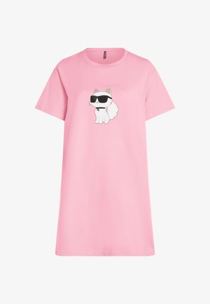 Rosa Baumwoll-T-Shirt-Kleid mit einer cartoonhaften weißen Katze mit schwarzen Sonnenbrillen, kurzer Ärmel und lockerer Passform.